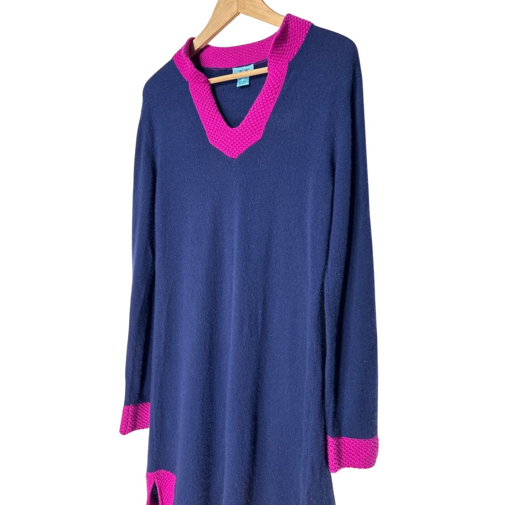 Two Bees Cashmere Navy Blue Magenta Pink Trim V-Neck Sweater‎ Dress Size Large